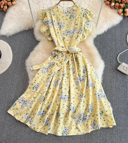 2025 Summer Gentle Style Sweet Ruffled Stand Collar Waist Slim Floral Chiffon Lotus Sleeve Dress R0408