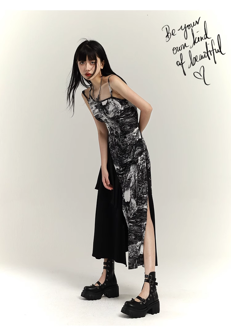 Fashion Black & White Ink Artistic Sense Irregular Design Spaghetti Strap Dress TP2919
