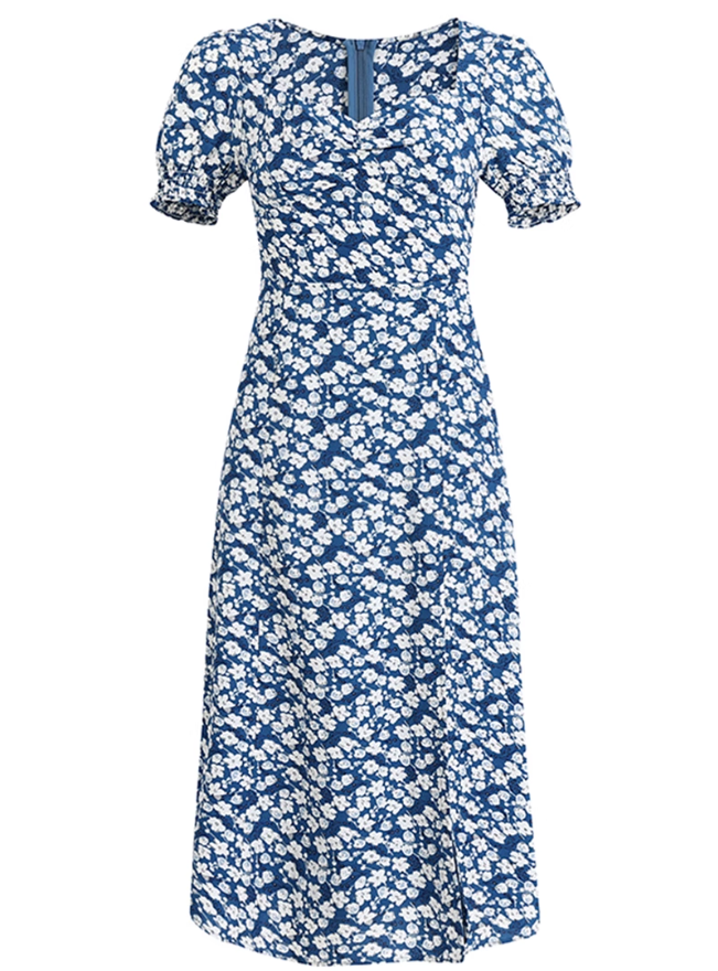 2025 Summer New French Square Neck Blue Temperament Floral Holiday Platycodon Dress R0945