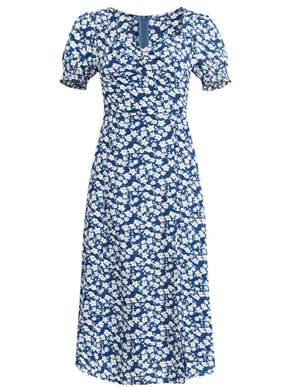 2025 Summer New French Square Neck Blue Temperament Floral Holiday Platycodon Dress R0945