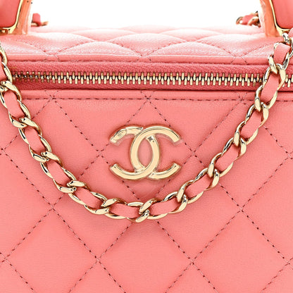 Lambskin Quilted Small Charming Top Handle Vanity Case With Chain Pink