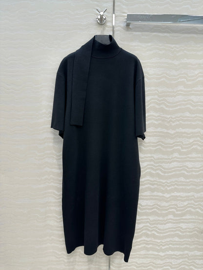 The Row High-End Wool Short-Sleeved Dress With a Ribbon Scarf Black Wool 304588