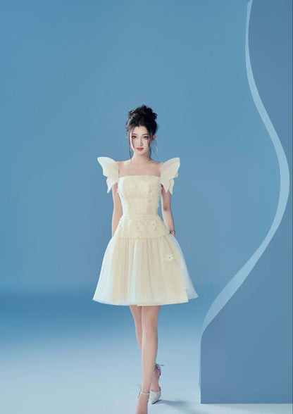 White wing suspenders waist slim A-line short skirt homecoming dress R3365