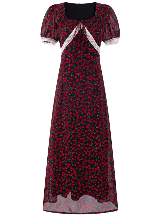 2025 Summer New French Red Cherry Floral Square Neck Short Sleeve Long Dress R0930