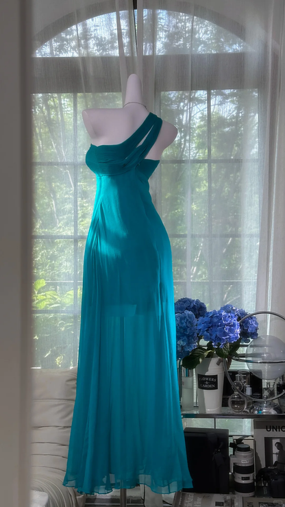 Vintage-Inspired Blue One-shoulder Prom Dress Sheath Chiffon Evening Gown TP5137