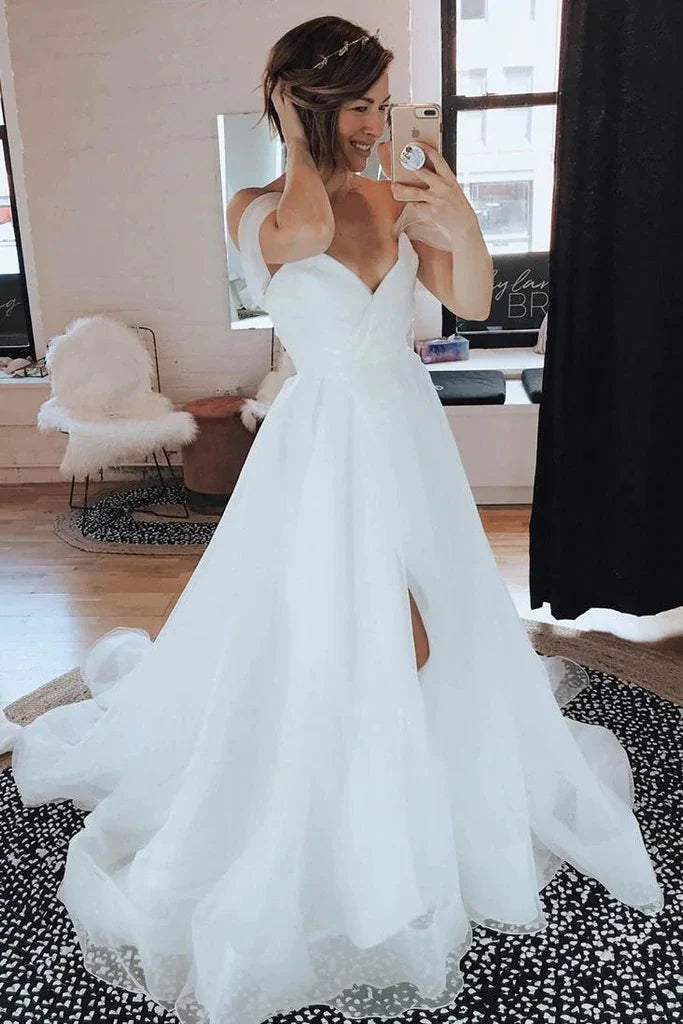 PM090,Simple Off The Shoulder Tulle Wedding Dress With Split, Beach Wedding Gown