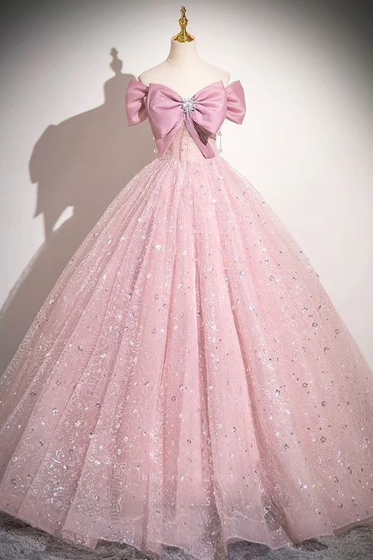 Cute Pink Tulle Sequins Long A-Line Ball Gown, Off Shoulder Sweet 16 Dress cc1732