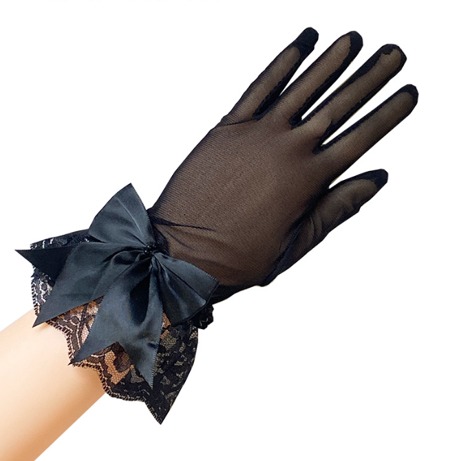 Breathable mesh gloves lace bow Hepburn style etiquette black French retro dress     S6267