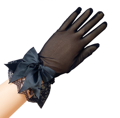 Breathable mesh gloves lace bow Hepburn style etiquette black French retro dress     S6267