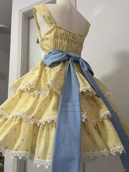 Cute Yellow Floral Lace Hem Design Tiered Party Dress Homecoming Dress TP4241