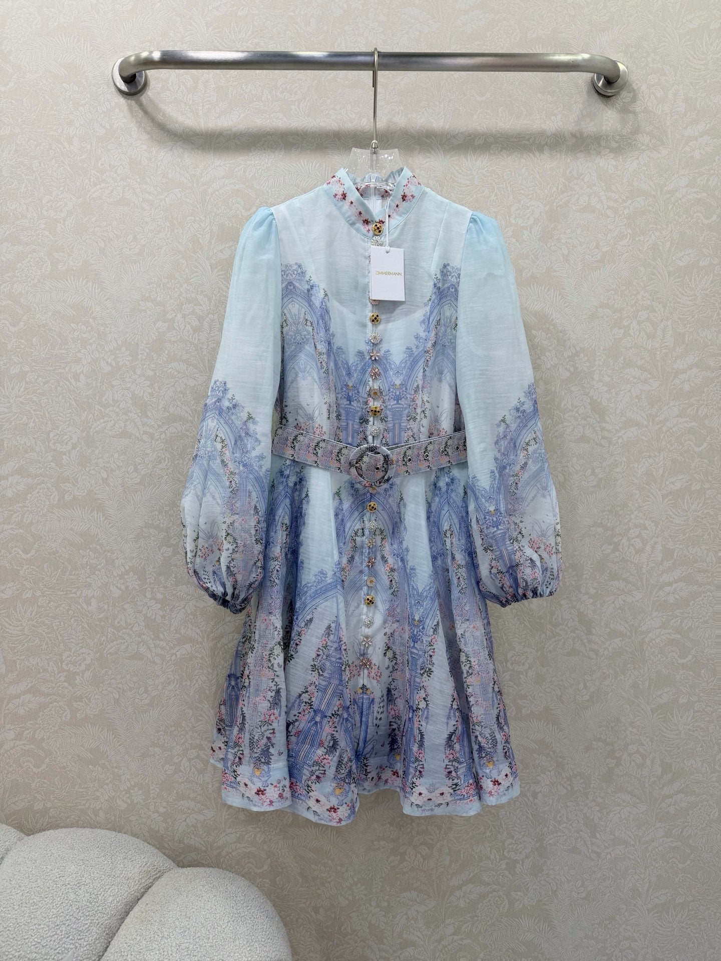 Zimmermann Eden Belted Mini Dress Blue Paisley Cotton 347324