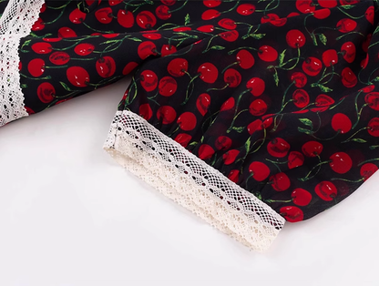 2025 Summer New French Red Cherry Floral Square Neck Short Sleeve Long Dress R0930