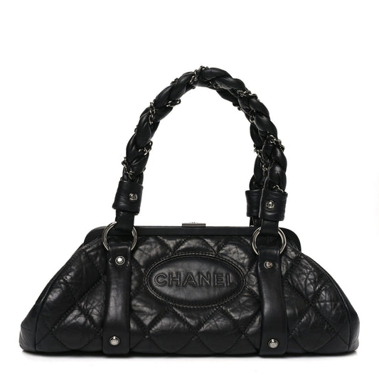 Distressed Lambskin Lady Braid Frame Bowler Black