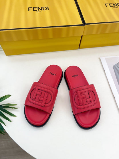 FENDI LOGO SLIDES IN CHERRY RED CALFSKIN