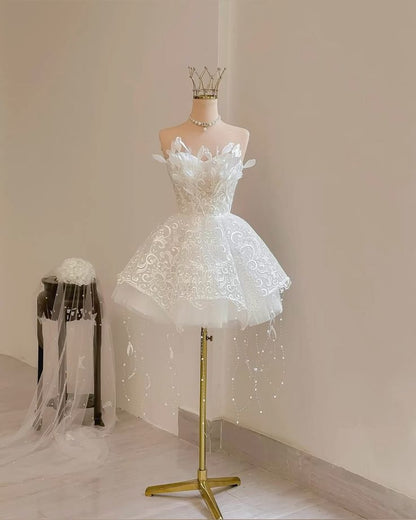 White tube top waist embroidered classic puffy princess skirt homecoming dress R3924