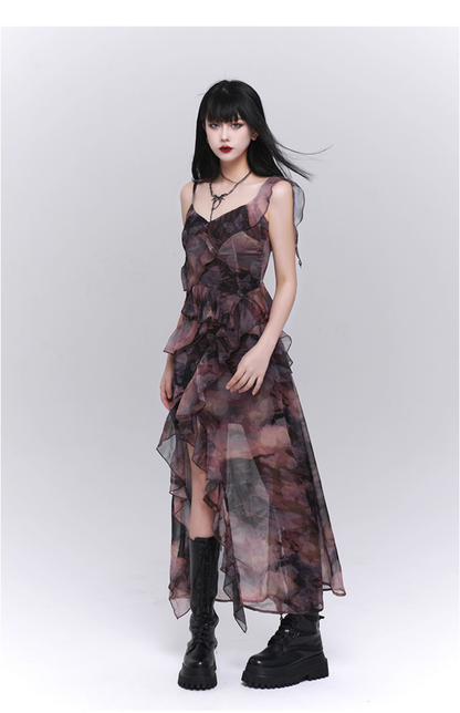 Fashion Vintage Butterfly irregular Dress Brim Design Spaghetti Strap Dress TP2912