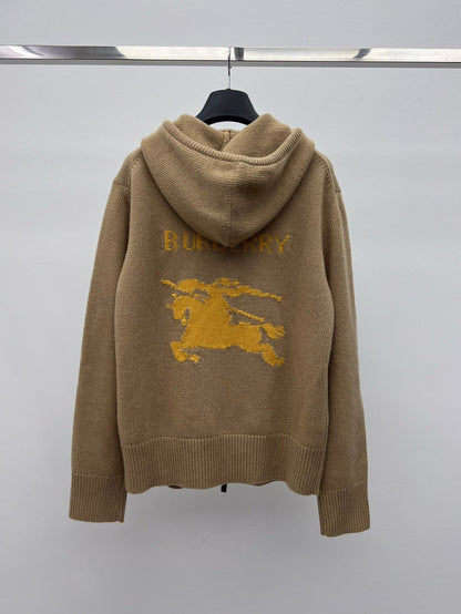 Burberry 25 Zipper-Up Hooded Knit Cardigan Beige Wool Cashmere