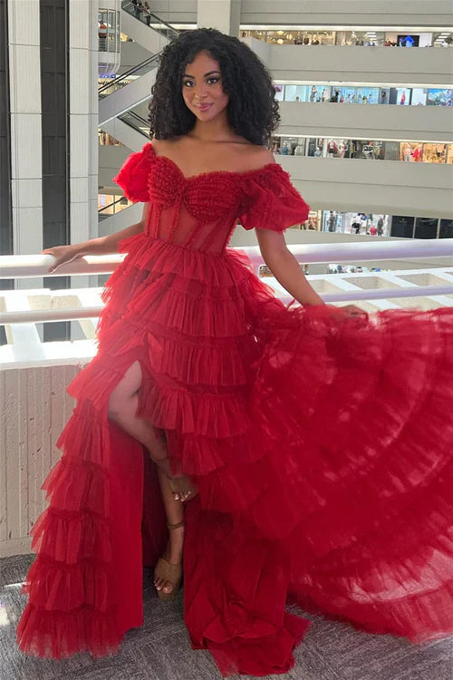 omberprom Fashion A-line Evening Dress Off-the-Shoulder Tulle Prom Dress with Slit