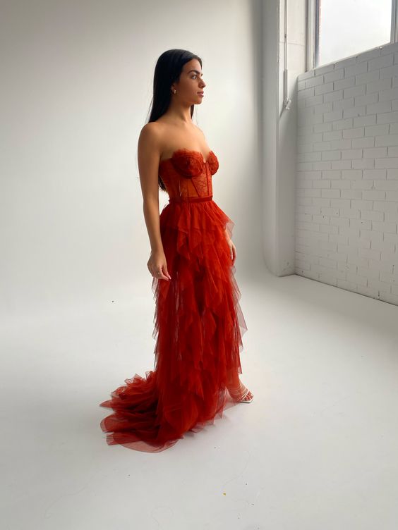 PM547,Rust Red Lace Tulle Prom Evening Dresses, Charming Sweetheart Rust Tiered Long Prom Dress with Slit