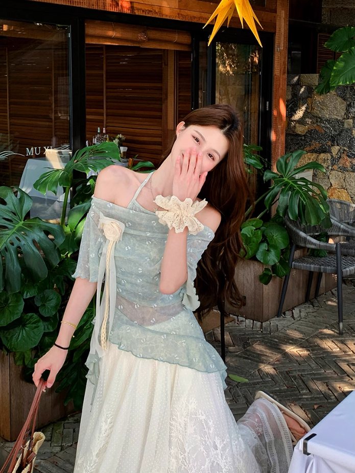 Fairy fake two-piece irregular halter neck short-sleeved T-shirt complete skirt suit R1757