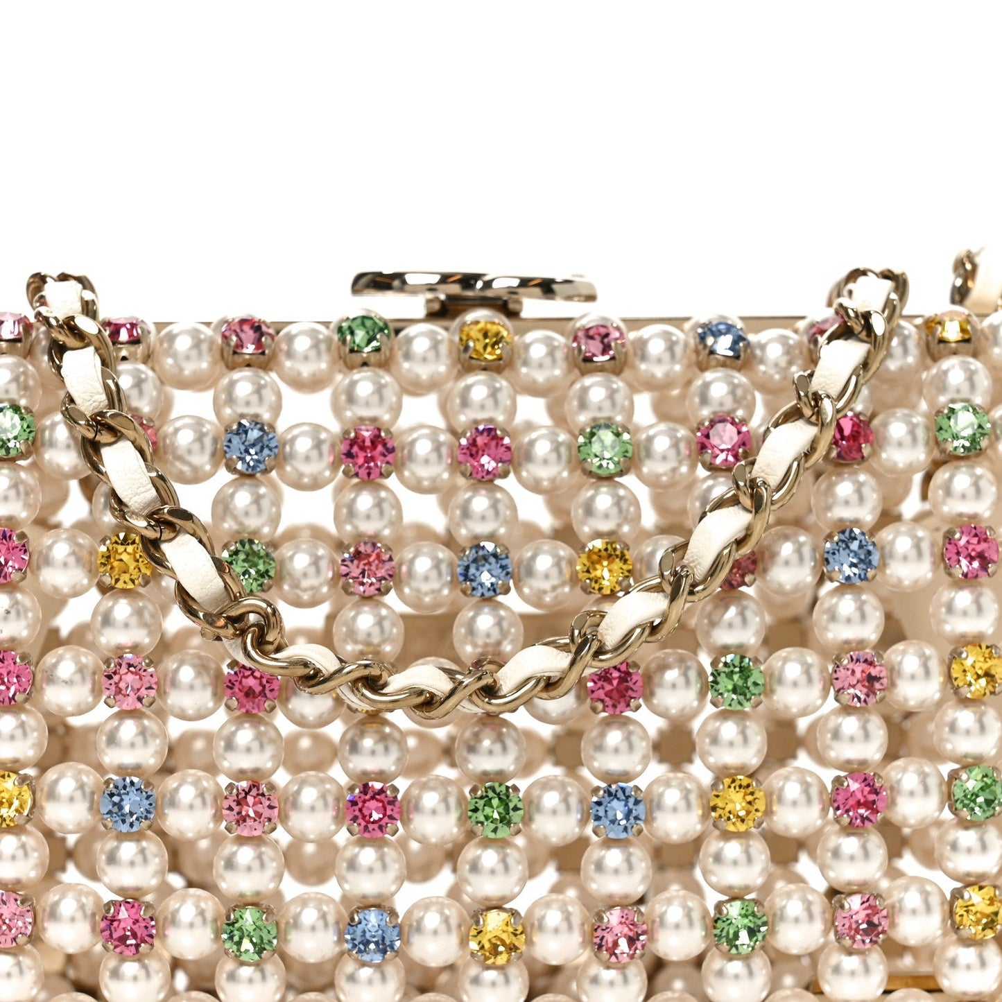 Metal Pearl Minaudiere CC Evening Bag White Gold Multicolor