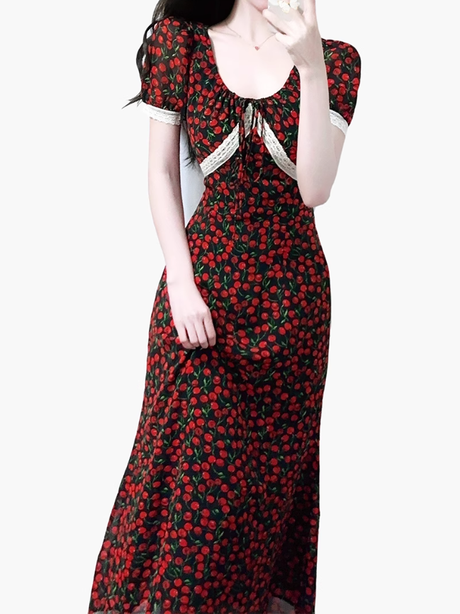 2025 Summer New French Red Cherry Floral Square Neck Short Sleeve Long Dress R0930