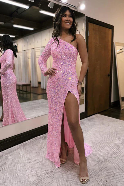 omberprom Elegant Pink Mermaid Evening Dress One Shoulder Sequins Prom Dress
