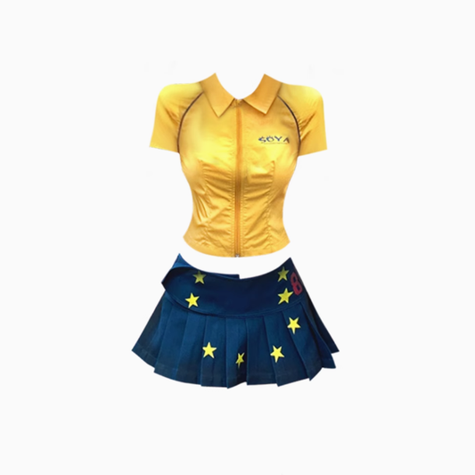 American retro bright yellow short-sleeved shirt 2025 pleated printed skirt suit R1308