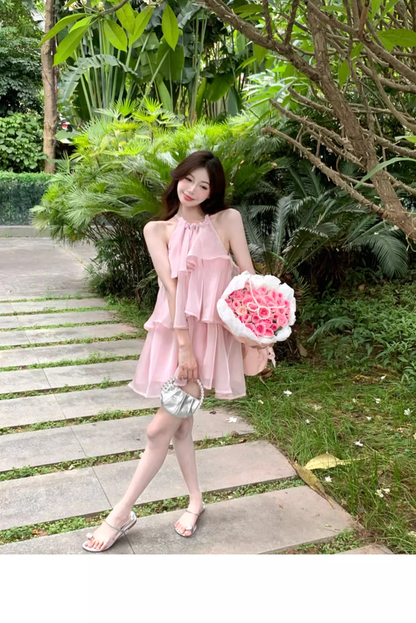 Stylish Pink Patchwork Ruffled Sleeveless Seaside Holiday Halter Dress TP2986