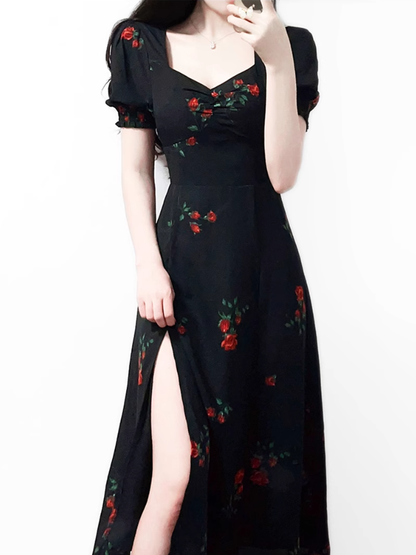 2025 Summer New French Retro Square Neck Black Floral Puff Sleeve Dress R0908