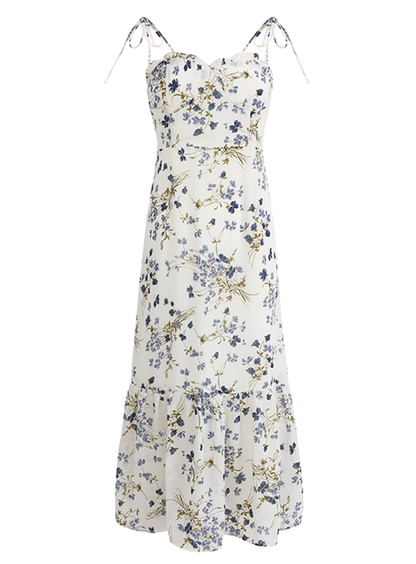 2025 Summer New French Blue Floral Holiday Style Mid-Length Suspender Dress R0923