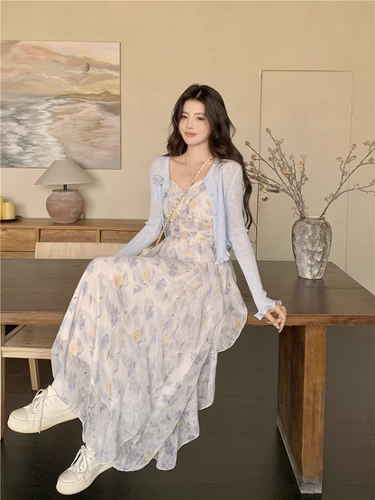 New Fashion Elegant Floral Chiffon Spaghetti Strap Dress TP2991