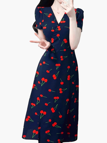 2025 Summer New Black V-neck Short Sleeve Cherry Print Wrap Long Dress R0920