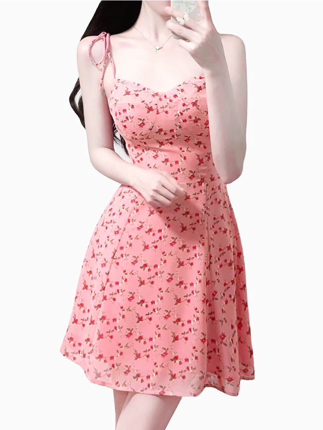 2025 Summer New Pink Floral Tube Top Lace-up Seaside Holiday Suspender Dress R0959