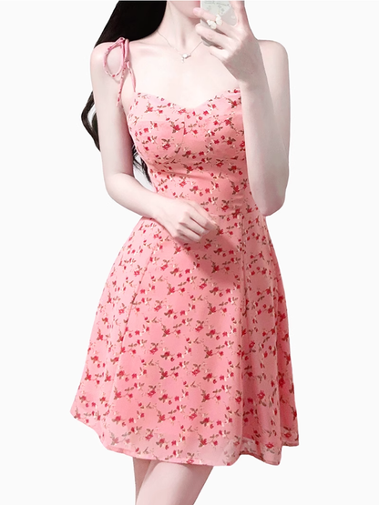 2025 Summer New Pink Floral Tube Top Lace-up Seaside Holiday Suspender Dress R0959