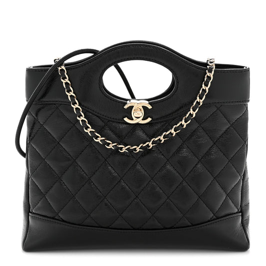 Shiny Crumpled Calfskin Quilted Mini 31 Shopping Bag Black