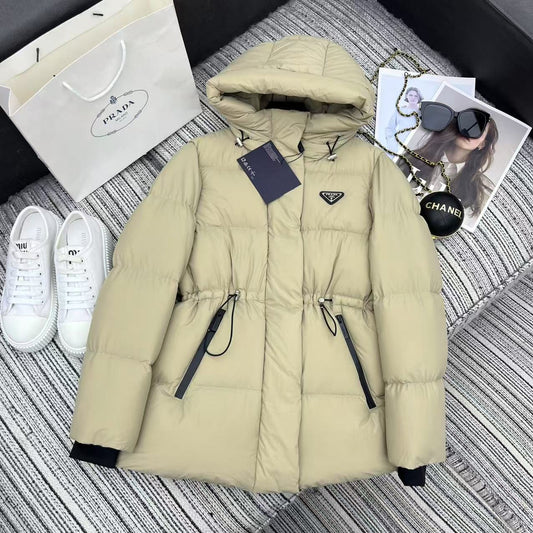 Prada 2025 Drawstring Waist Hooded Mig-length Jacket Down Polyester