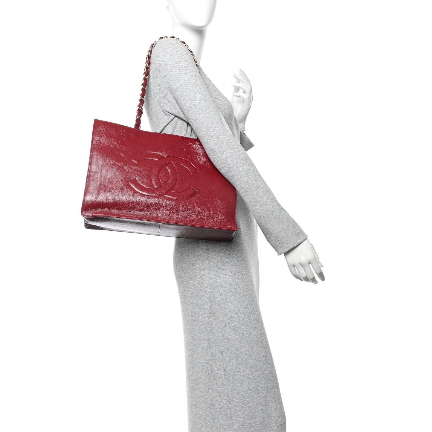 Shiny Aged Calfskin Shopping Bag Red