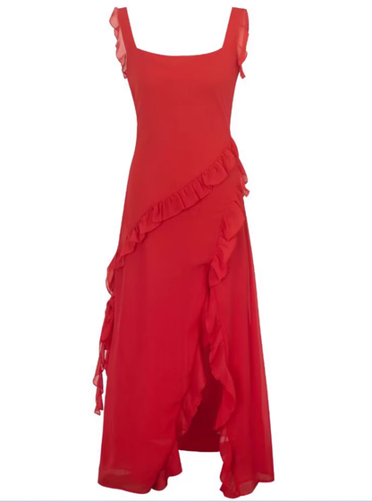 2025 summer new red irregular sexy ruffled seaside holiday dress R0980