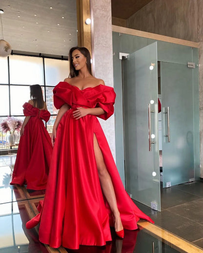 A-Line Satin Red Prom Dresses, Long Evening Party Gown