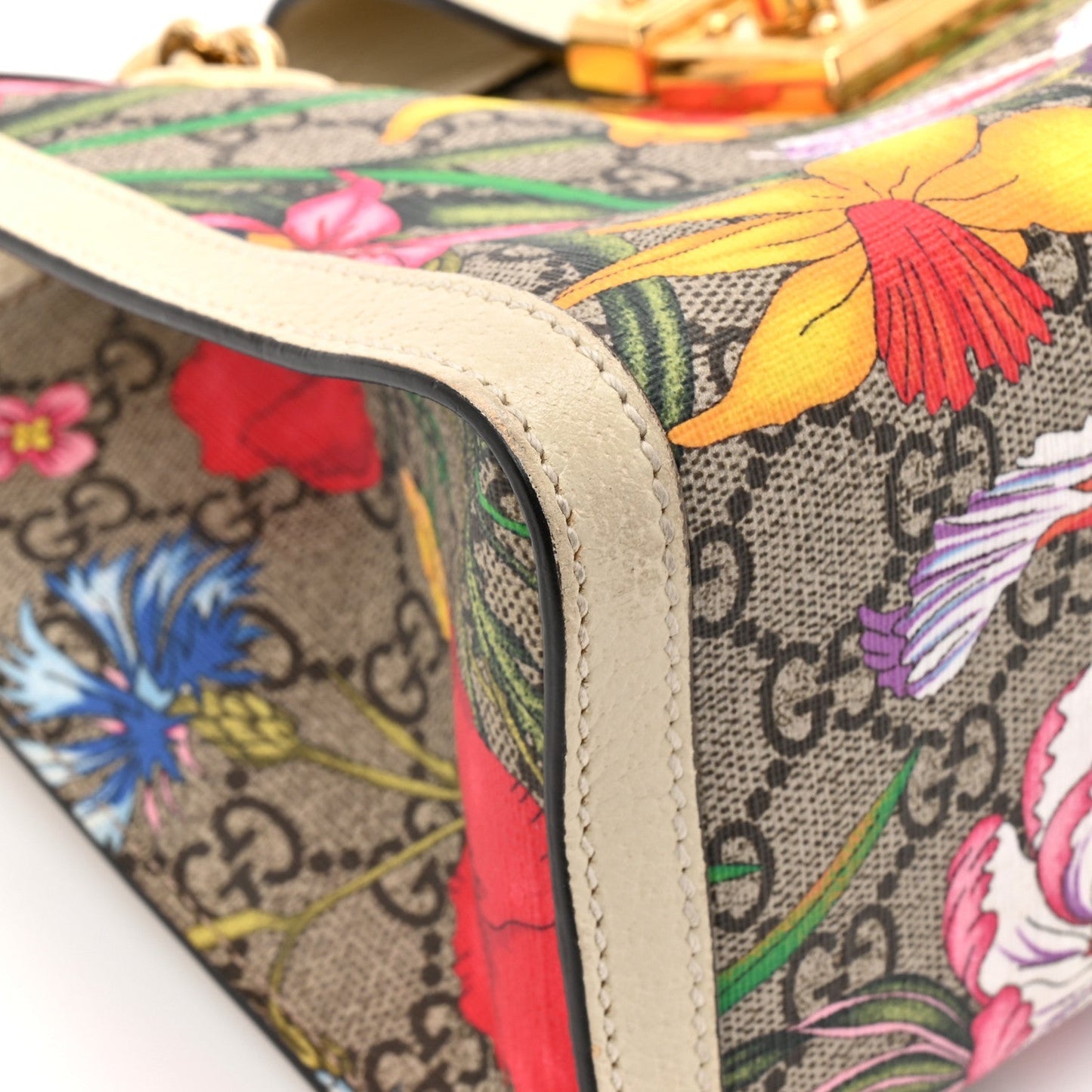 GG Supreme Monogram Flora Textured Calfskin Small Padlock Tote Beige Ebony Multicolor Mystic White