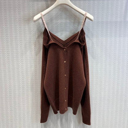 Miumiu 2026 Off-Shoulder Camisole Cardigan Caramel Cashmere 356940
