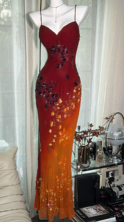 Vintage Beaded Sparkling Long Chiffon Spaghetti Strap Luxury Ball Gown Evening Dress Prom Dresses TP3964