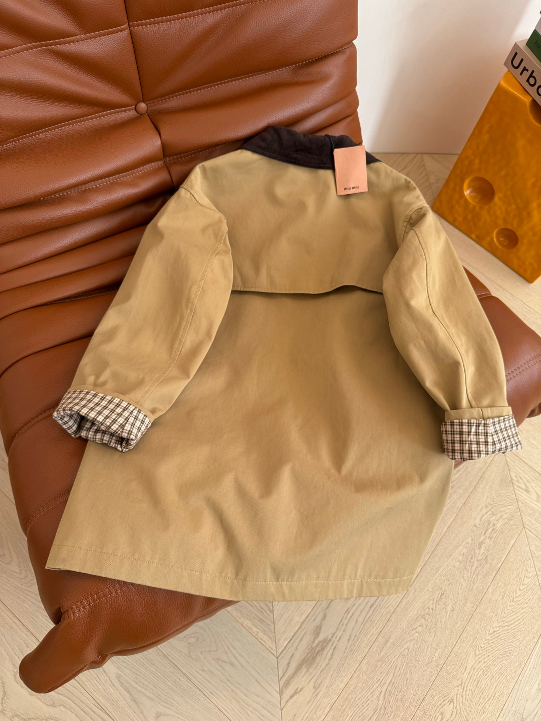Miumiu Mid-Length Corduroy Collar Trench Coat Beige Cotton