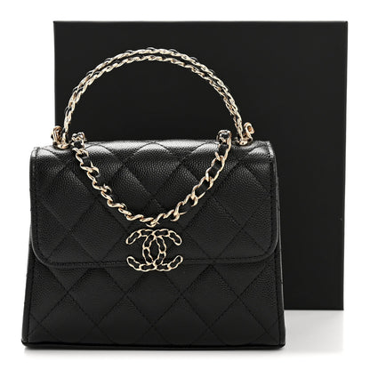 Caviar Quilted Double Chain Top Handle Flap With Chain Black