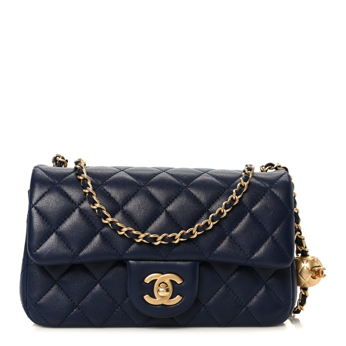 Lambskin Quilted Mini Pearl Crush Rectangular Flap Navy Blue