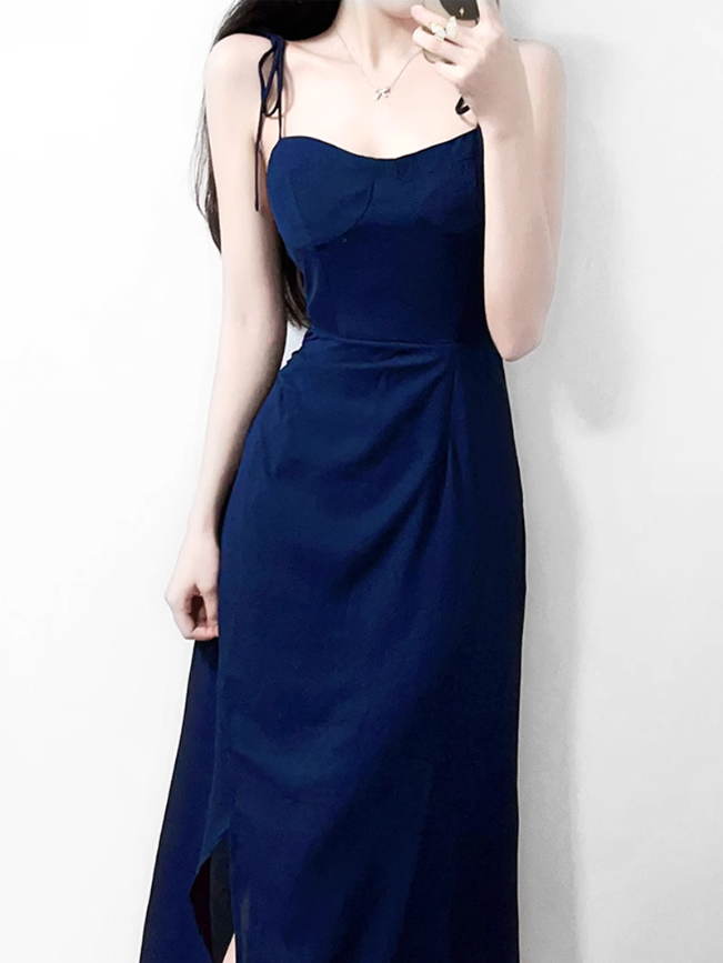 2025 Summer New French Retro Blue Waist Cross Pleated Suspender Dress R0971