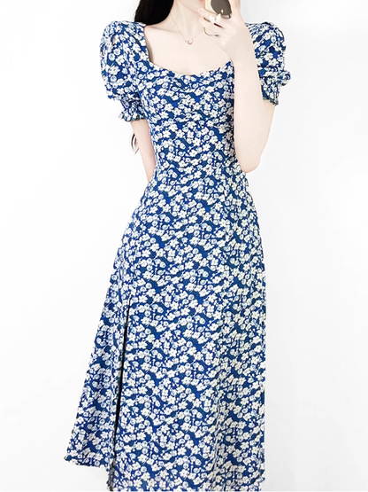 2025 Summer New French Square Neck Blue Temperament Floral Holiday Platycodon Dress R0940