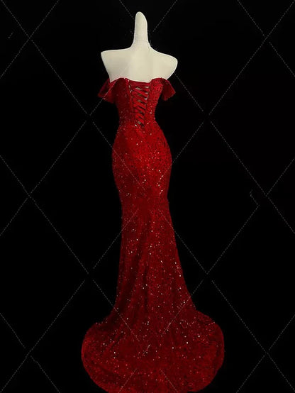 Enchanting Shiny Sequin Sweetheart Off-the-shoulder Mermaid Floor-length High Slit Prom Dress Evening Dress TP4317