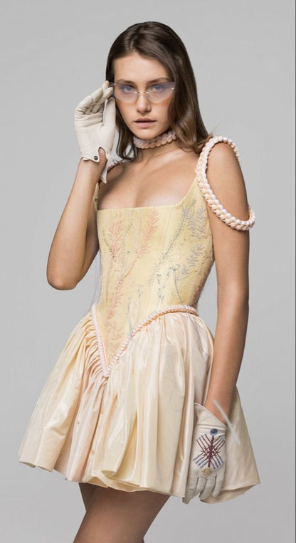 Yellow retro pattern A-line suspender puffy princess skirt homecoming dress R2424